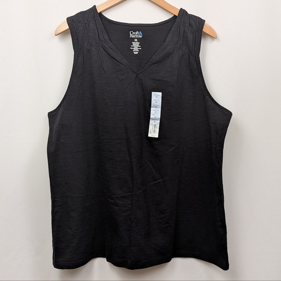 NWT Croft & Barrow V-Neck Tank Top Sleeveless Tee Smocked Detail Black XXL - Picture 1 of 6